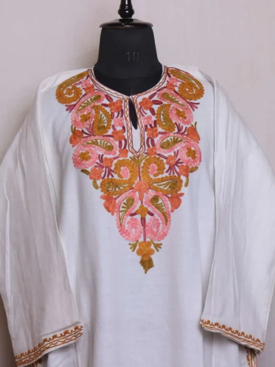 White Aari Embroidered Pheran in Comfortable Cashmilon Fabric - Saidakadal Collection