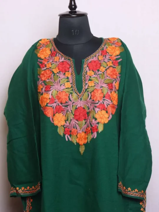 Elegant Dark Green Cashmilon Pheran with Aari Work | Chashma-Shahi
