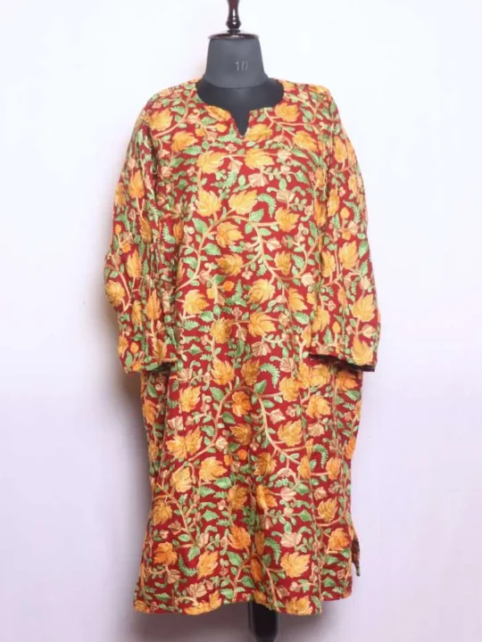 Dark Red  Cashmilon Pheran with All Over Chinari Aari Work - Dal Lake Collection