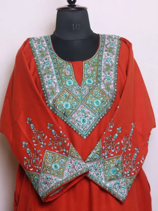 Elegant Rustic Orange Cashmilon Needle Embroidered Feran | Pheran with Sleeve Work - Babedemb Collection