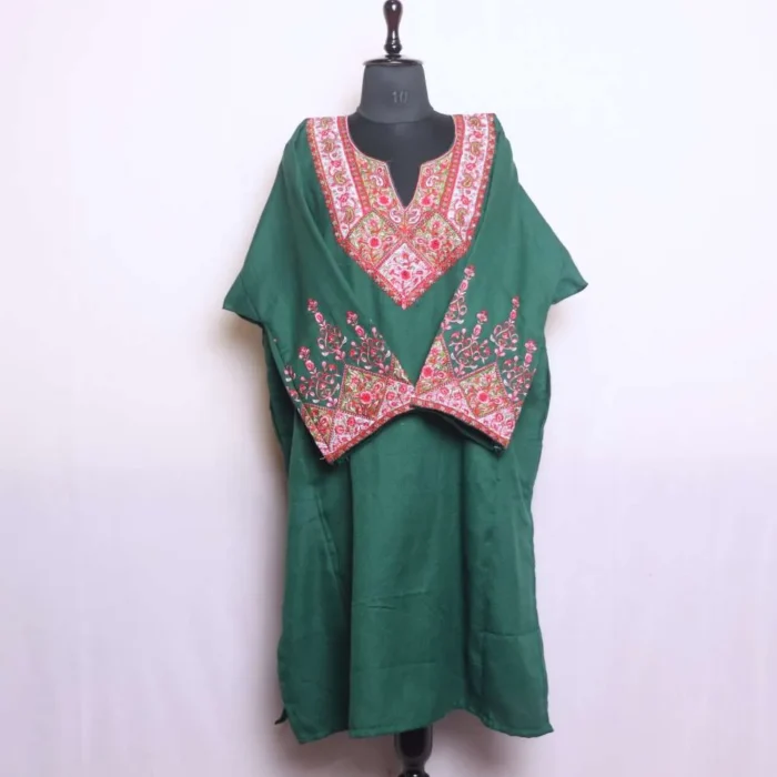 Dark Green Needle Embroidery with Sleeve Work Loose Feran | Pheran in Cashmilon - Babedemb Collection - Image 2