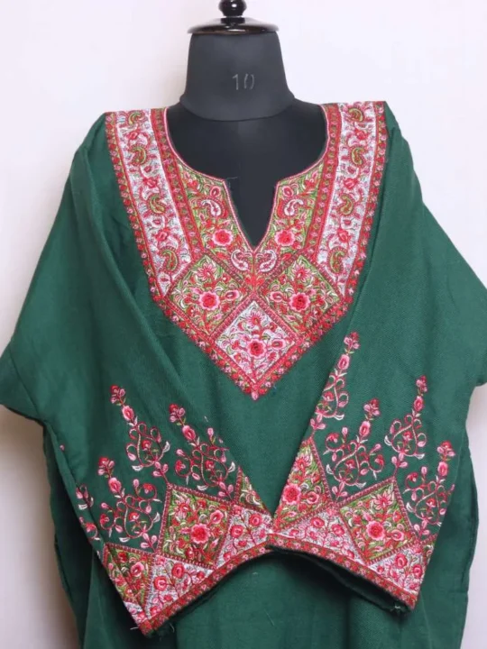 Dark Green Needle Embroidery with Sleeve Work Loose Feran | Pheran in Cashmilon - Babedemb Collection