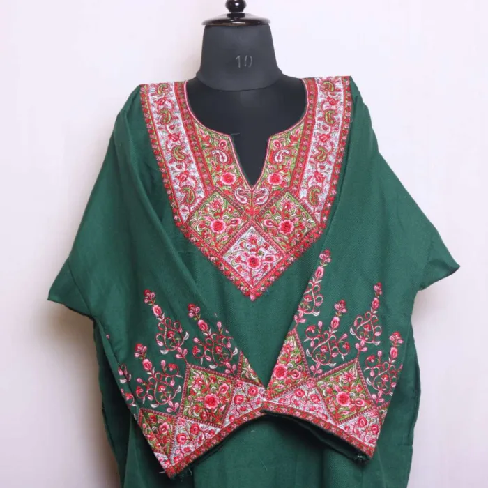 Dark Green Needle Embroidery with Sleeve Work Loose Feran | Pheran in Cashmilon - Babedemb Collection