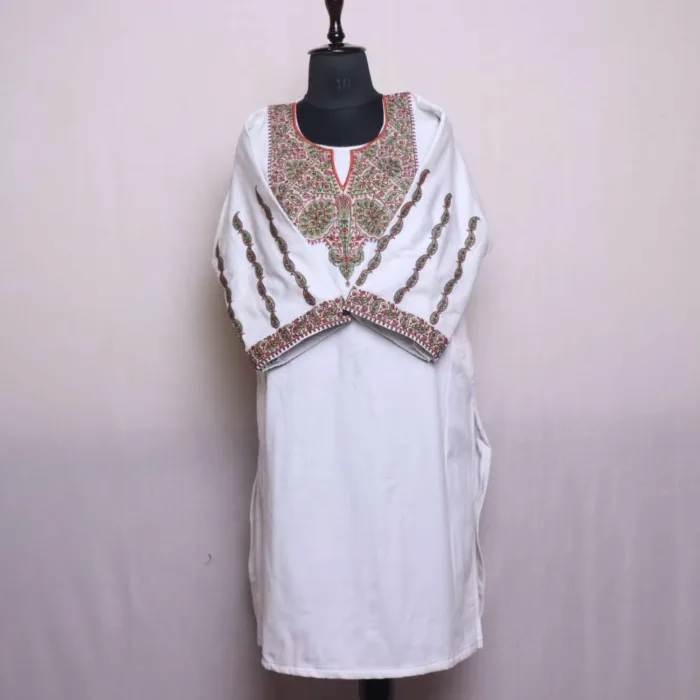 White Cashmilon Needle Embroidered Feran | Pheran with Sleeve Work - Babedemb Collection - Image 2