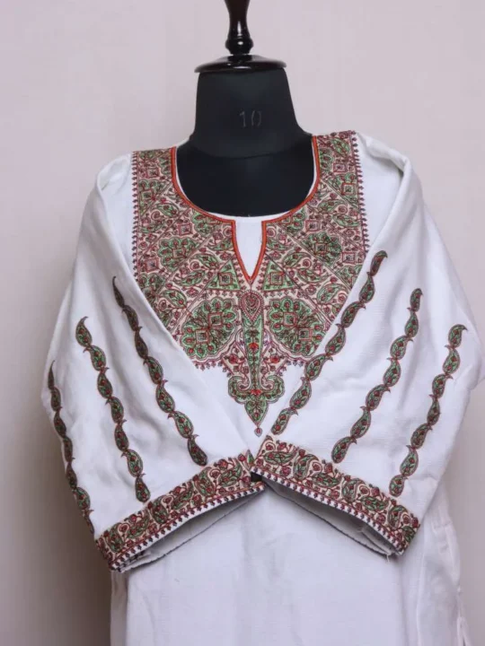 White Cashmilon Needle Embroidered Feran | Pheran with Sleeve Work - Babedemb Collection