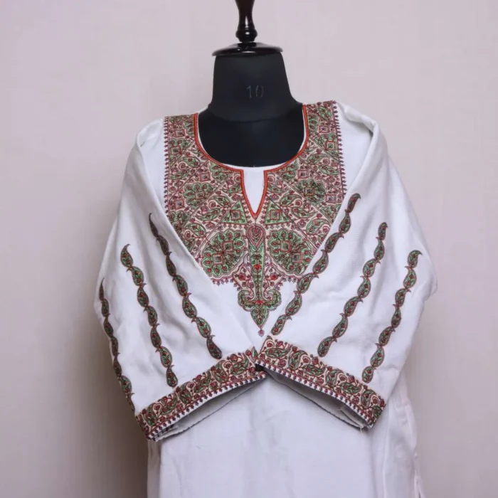 White Cashmilon Needle Embroidered Feran | Pheran with Sleeve Work - Babedemb Collection