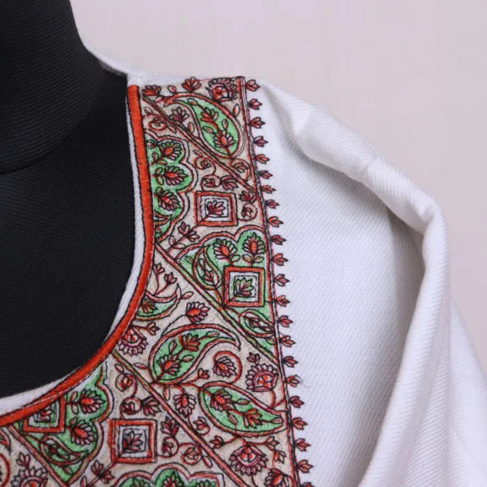 White Cashmilon Needle Embroidered Feran | Pheran with Sleeve Work - Babedemb Collection - Image 3
