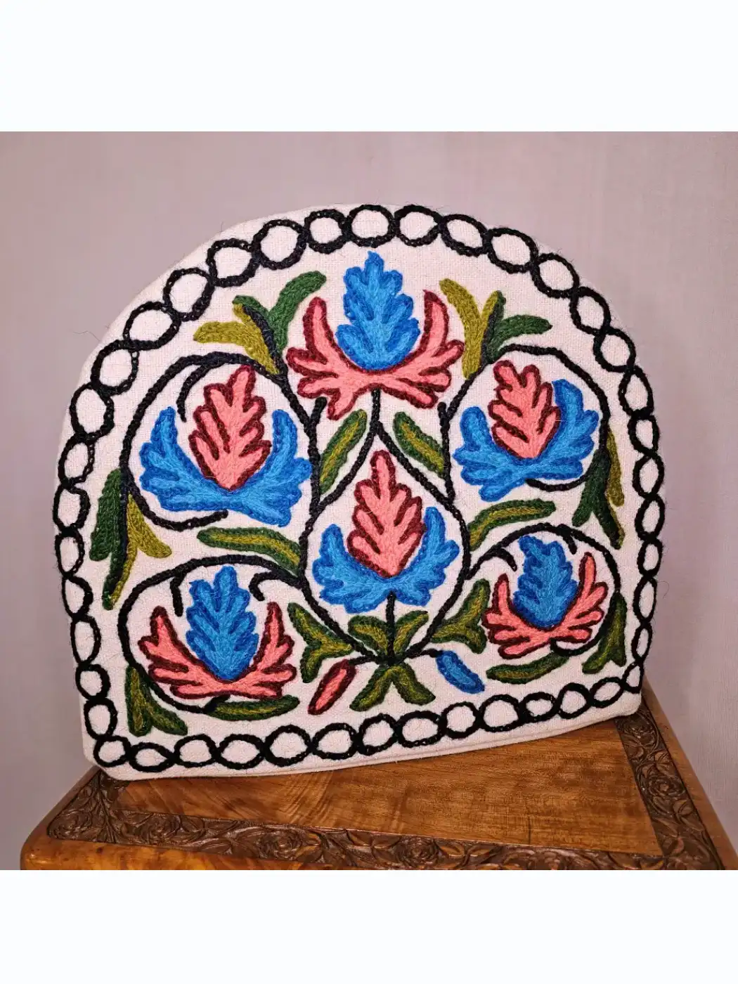 Kashmiri Tea Cozy With Hand Crewel Leaf Motif Embroidery | Lal Chowk