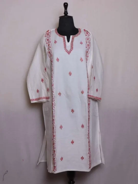 Winter Cream Color Needlework Pheran for Women in Cashmilon Fabric - Saidakadal Collection [49, 43]