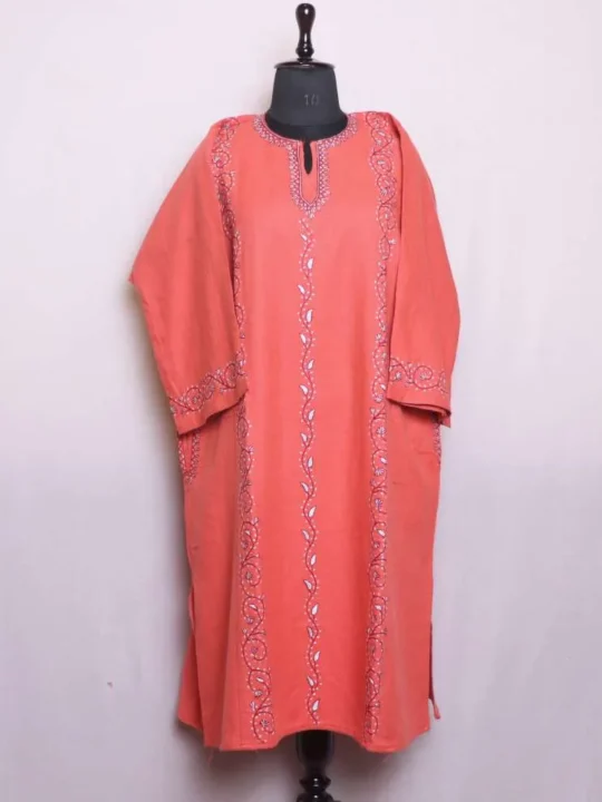 Pinkish Cashmilon Fabric Needlework Pheran for Women - Saidakadal Collection [52, 44]