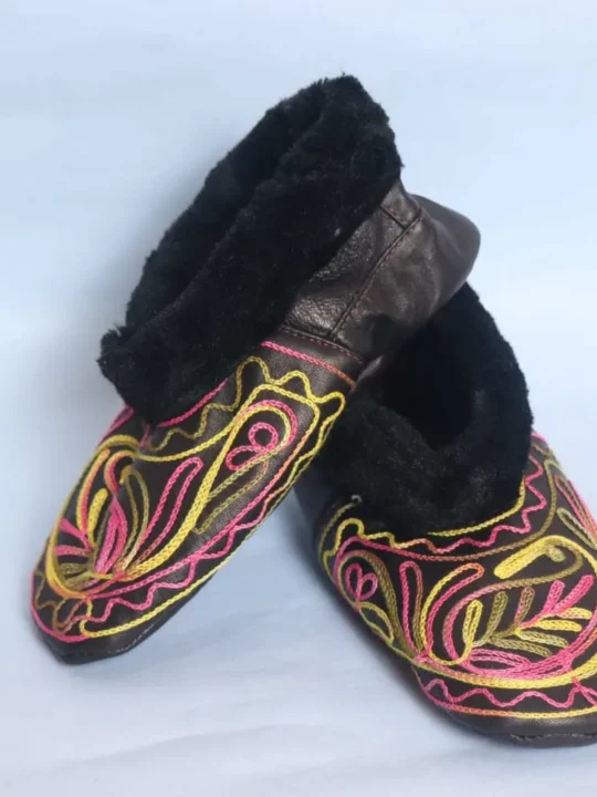 Black Leather Socks with Black Fur and Ari Embroidery (7) - Bakhtawar