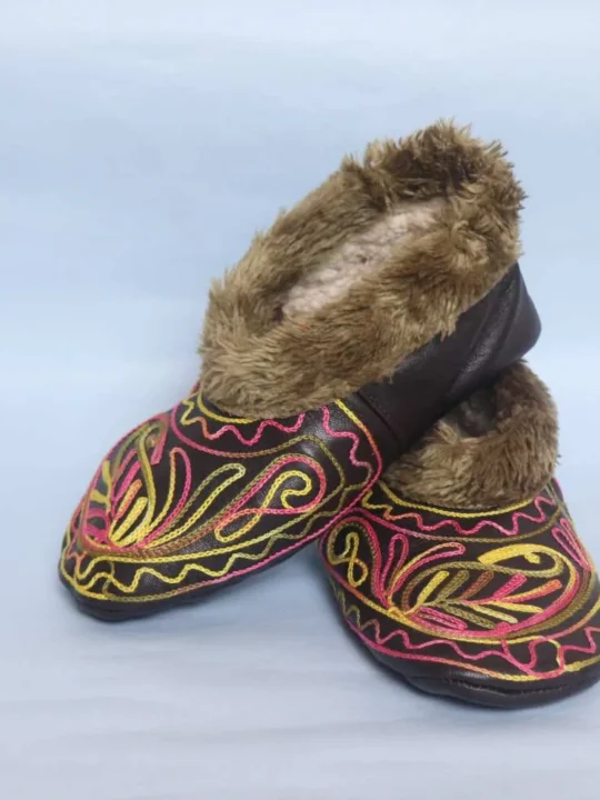 Dark Brown Leather Fur Socks with Ari Embroidery (7) - Bakhtawar