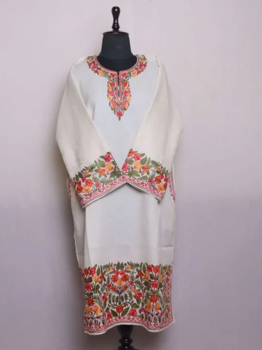 Cream Kashmiri Raffal Pheran Featuring Heavy Damaan Aari Work - Rainawari Collection