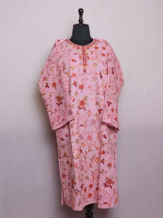 Baby Pink Kashmiri Raffal Pheran with Jaal Hand Aari Work - Rainawari Collection