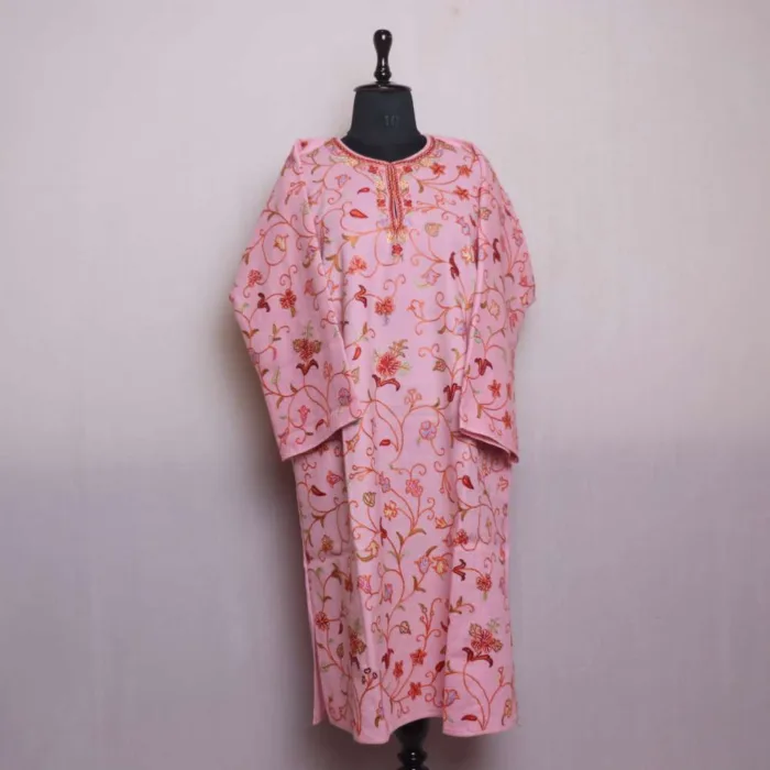 Baby Pink Kashmiri Raffal Pheran with Jaal Hand Aari Work - Rainawari Collection