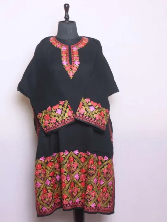 Elegant Black Heavy Damaan Aari Embroidered Raffal Pheran (56,42)- Rainawari Collection