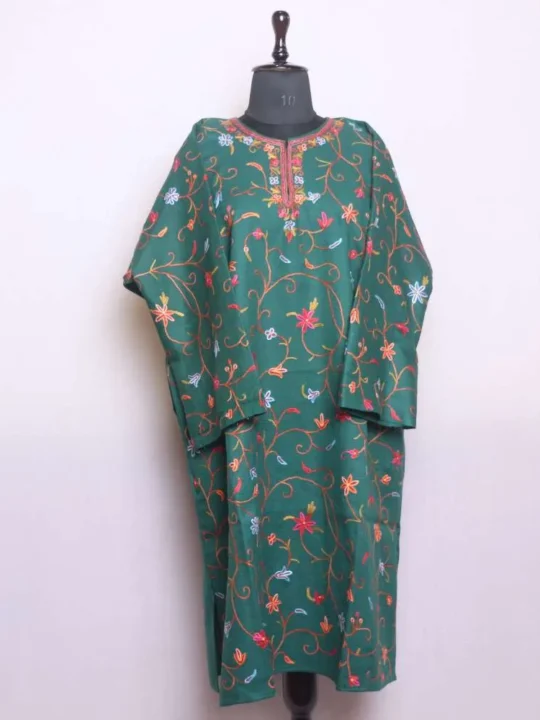 Stylish Dark Green Raffal Pheran | Feran with Elegent Jaal Hand Aari Work - Rainawari Collection