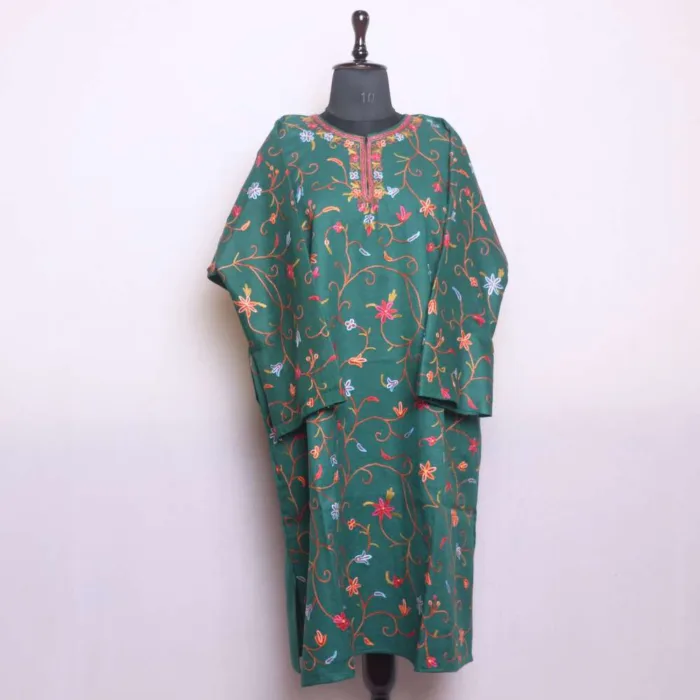 Stylish Dark Green Raffal Pheran | Feran with Elegent Jaal Hand Aari Work - Rainawari Collection