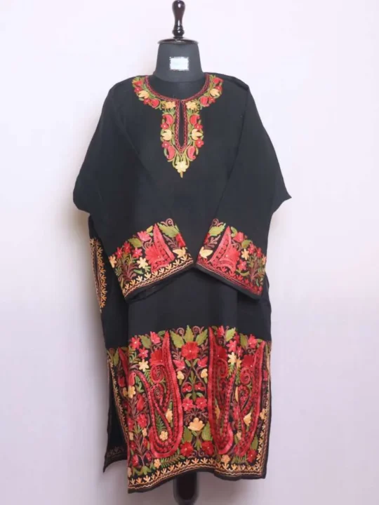 Stylish Black Raffal Loose Pheran | Feran with Beautiful Heavy Damaan Aari Work (57,42.5)- Rainawari Collection