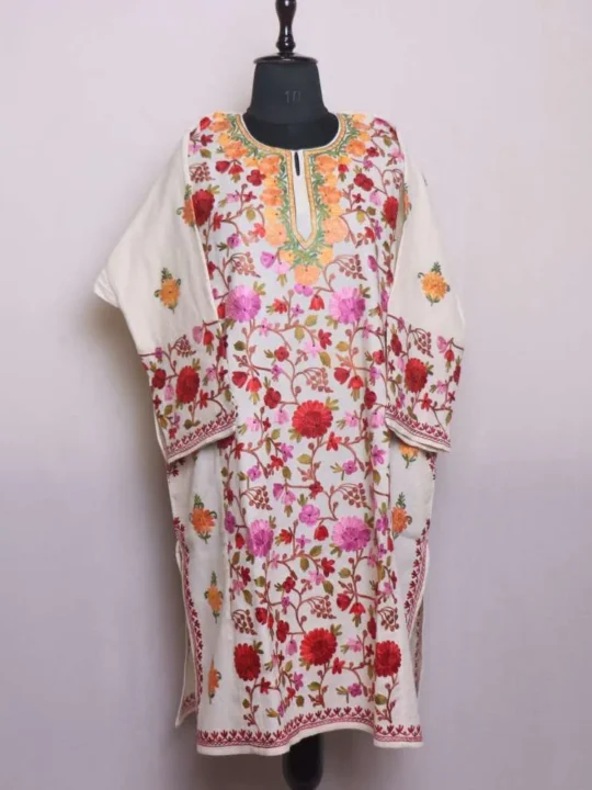 Soft Cream Raffal Pheran with Jaal Aari Embroidery (54,42)- Rainawari Collection
