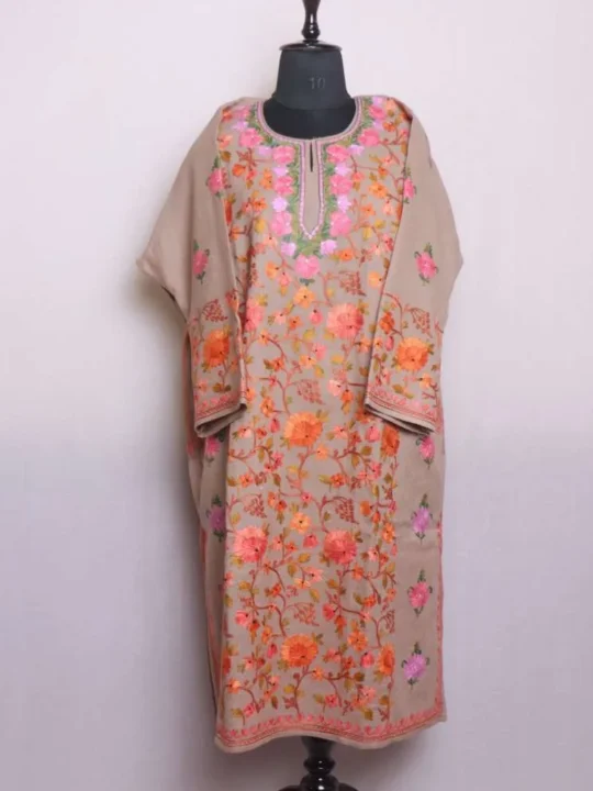 Classic Beige Raffal Pheran with Adorable Jaal Aari Design - Rainawari Collection
