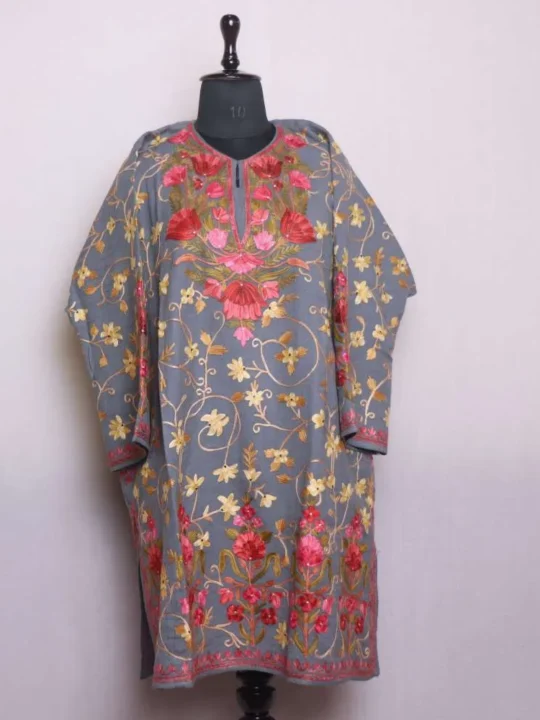 Stunning Grey Raffal Pheran | Feran with Jaal Aari Craftsmanship (54,38)- Rainawari Collection