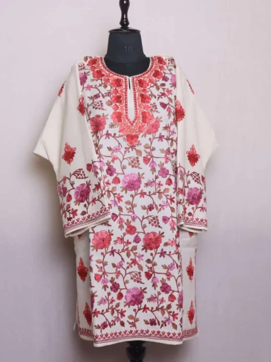 Cream Raffal Short Pheran with Exquisite Jaal Aari Embroidery (C53,L37.5)- Rainawari Collection