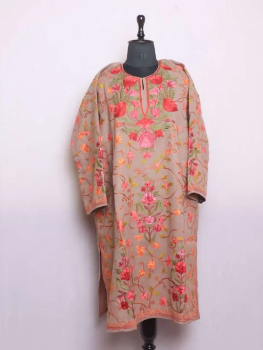 Brown Raffal Pheran | Feran with Beautiful Jaal Aari Work - Rainawari Collection
