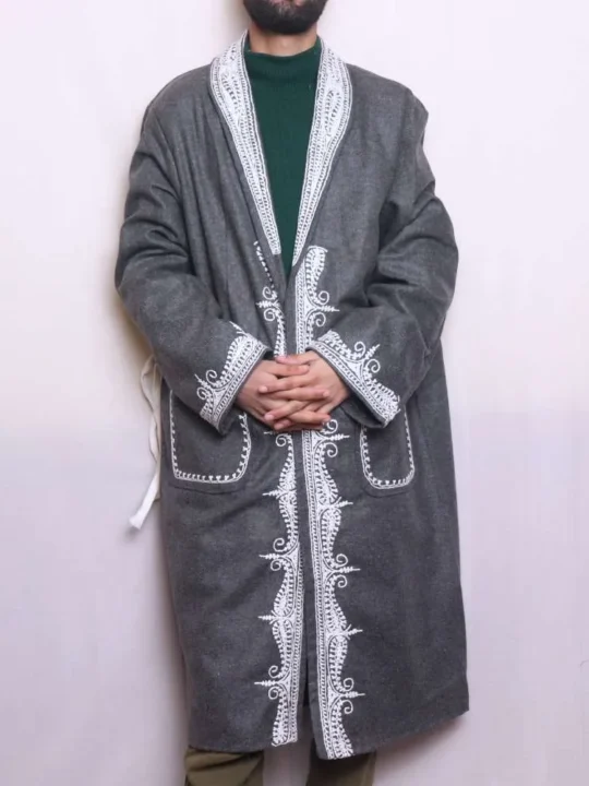 Light Grey Lakeer Tweed Gown | Robe with White Aari Embroidery - Kashmiri Winter Wear - Humayun Collection