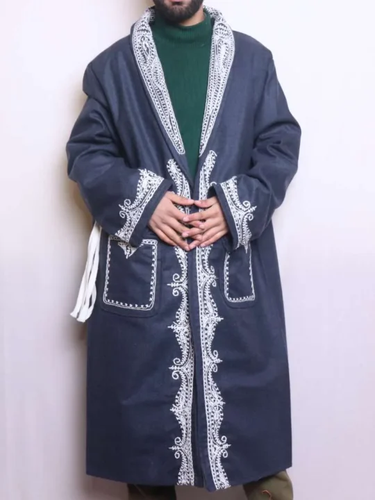 Kashmiri Navy Blue Tweed Gown | Robe with White Aari Work - Humayun Collection