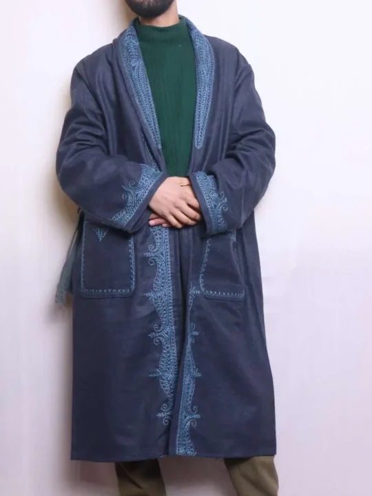 Navy Blue Tweed Woolen Gown | Robe with Blue Aari Embroidery for Winter Elegance
