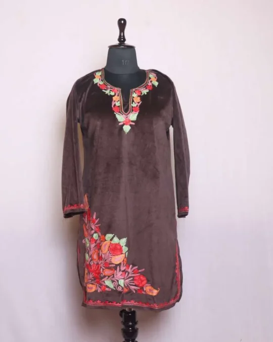 Dark Chocolate Brown Short Velvet Kurti Top with Aari Embroidery - Sonwar Collection [43, 36.5]