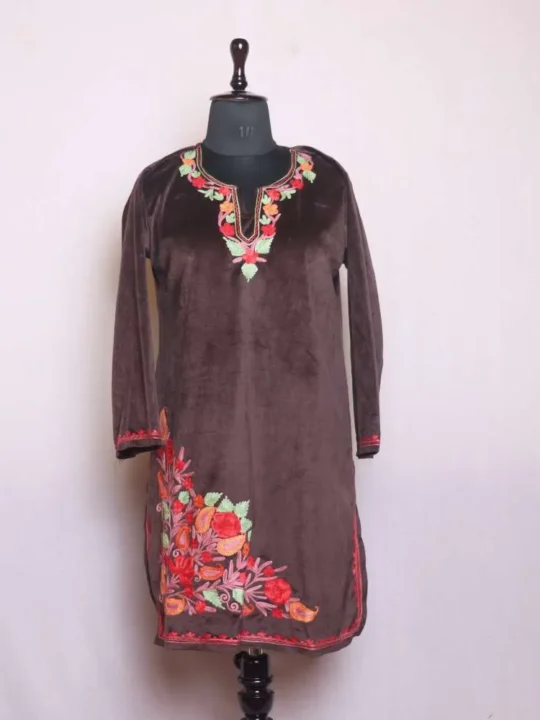 Dark Chocolate Brown Short Velvet Kurti Top with Aari Embroidery - Sonwar Collection [43, 36.5]
