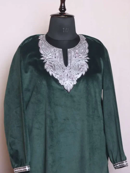 Sophisticated Dark Green Short Velvet Kurti Top with Patch Tilla - Sonwar Collection [44, 38]