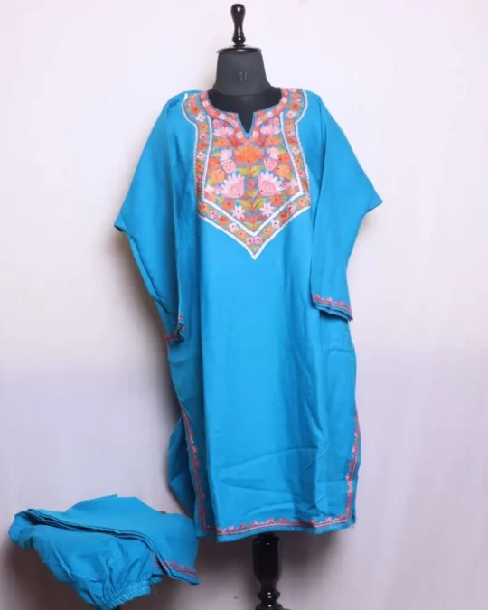 Blue Cashmilon Pheran Set with Aari and Zari Work - Dal Lake Collection