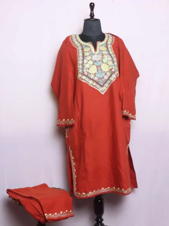 Rustic Orange Cashmilon Aari and Zari Pheran Set for Winter Style - Dal Lake Collection