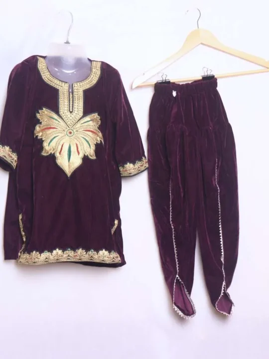 Kids Wine Color Makhmal Tilla Work Set - Nowsher Collection (4-5years)