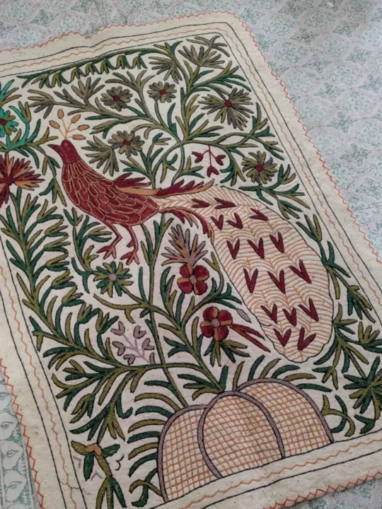Hand Aari Embroidered and Maroon Peacock Design Namda Rug in Wool (5.7 x 3.9 ft)