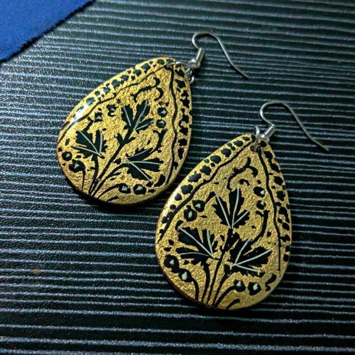 Golden Black Oval Paper Mache Earrings - Muskaan