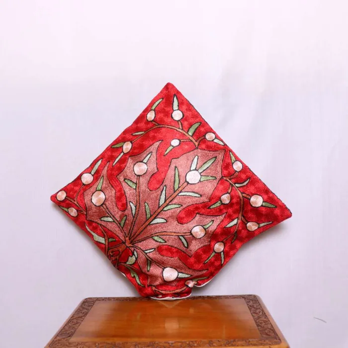 Red Chain Stitch Big Chinar Leaf Cushion Cover 16*16 | Barzul Collection