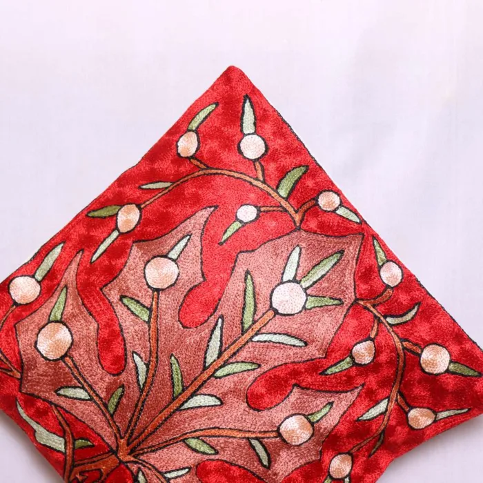 Red Chain Stitch Big Chinar Leaf Cushion Cover 16*16 | Barzul Collection - Image 2