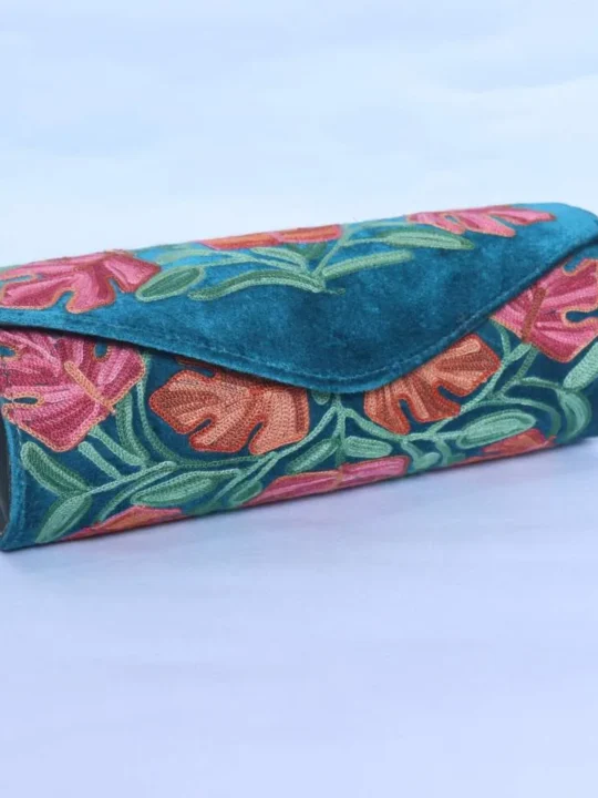 Bottle Green Velvet Round Clutch Bag with Elegent Aari Embroidery