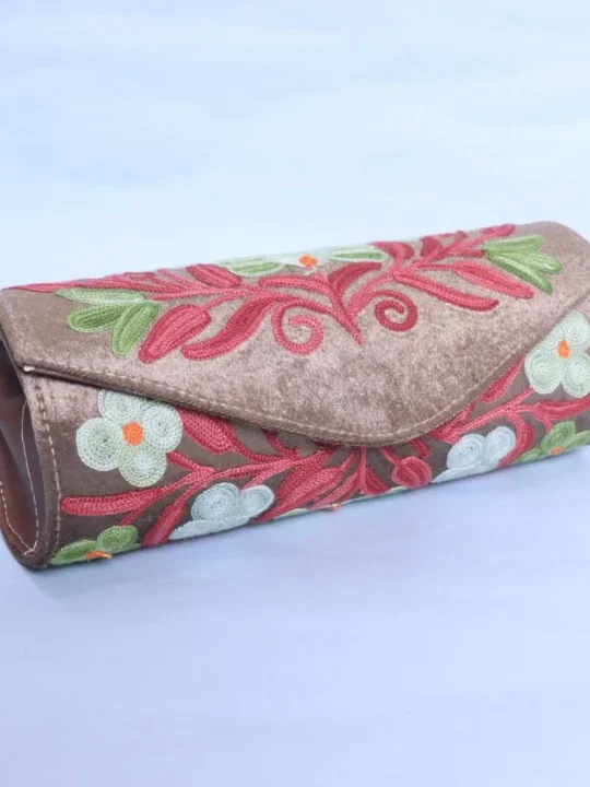 Elegant Chocolate Velvet Round Clutch Featuring Aari Work