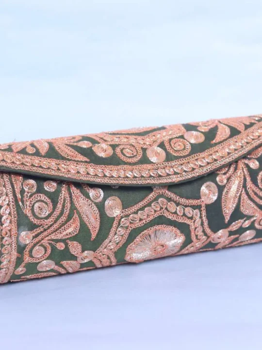 Olive Green Silk Round Clutch with Exquisite Tilla Embroidery