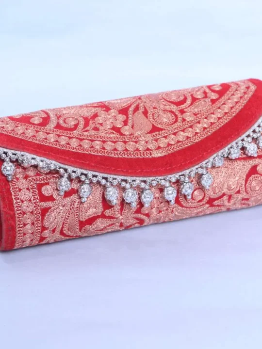Stylish Red Tilla Embroidered Silk Round Clutch for Festive Wear