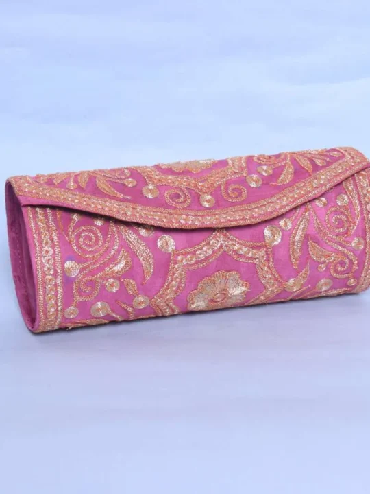 Elegant Pink Silk Tilla Embroidered Round Clutch Bag