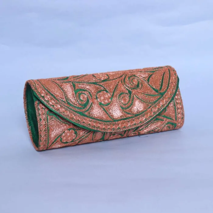 Dark Green Silk Round Clutch Bag with Elegent Tilla Embroidery