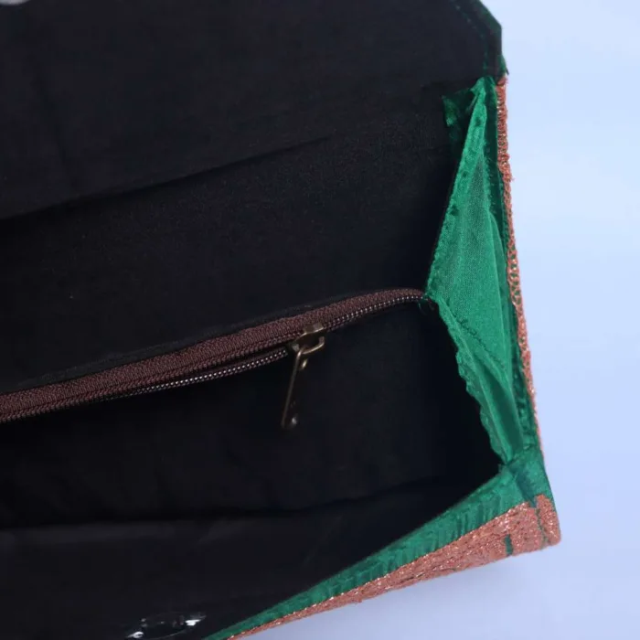 Dark Green Silk Round Clutch Bag with Elegent Tilla Embroidery - Image 3