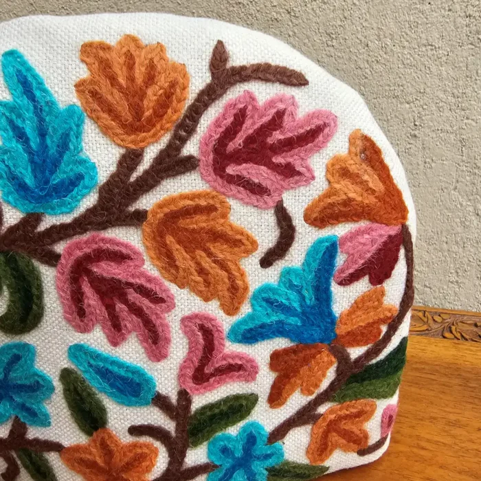 Floral Kashmiri Tea Cozy With Hand Crewel Embroidery | Small Size - Image 4