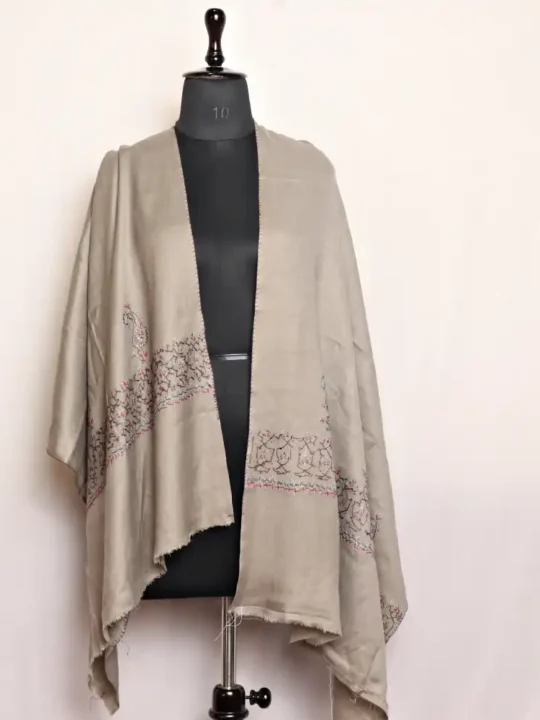 Grey Polywool Stole With Hand Sozni Embroidery